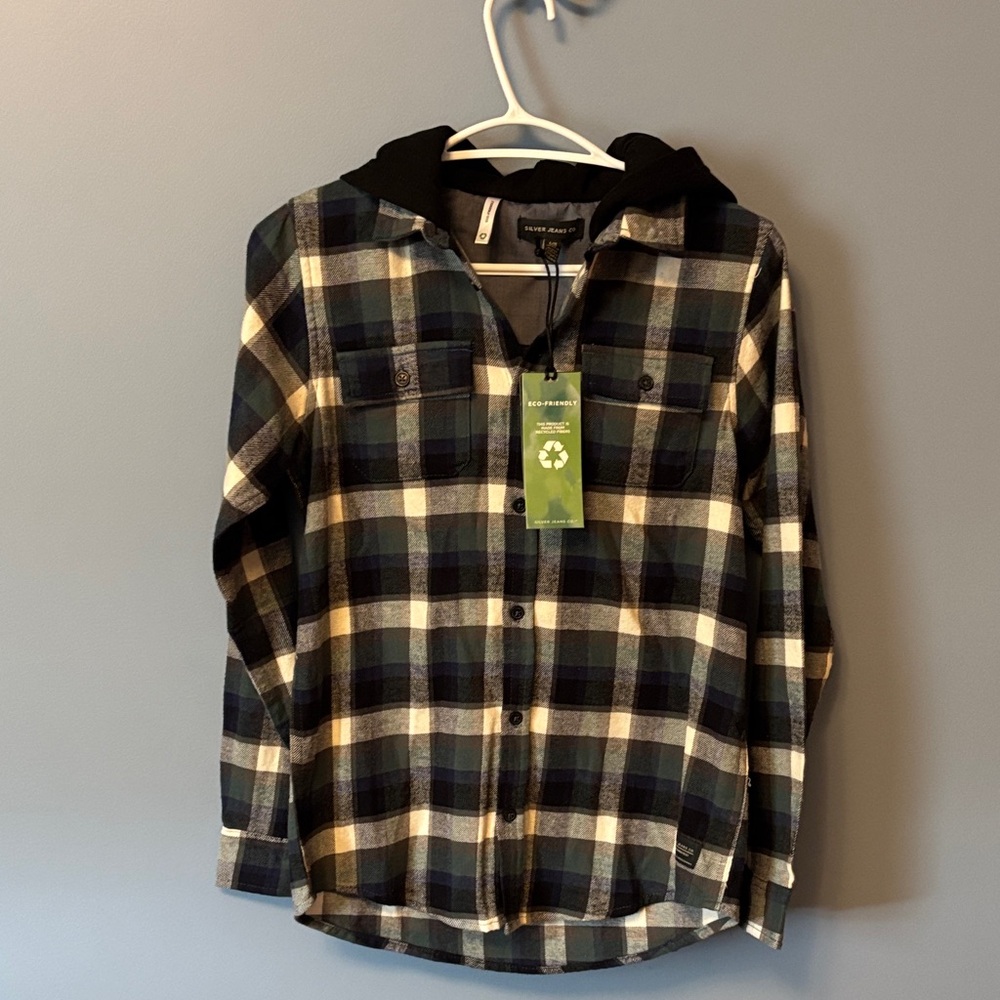 Silver Jeans Plaid Kids Shirt with hood Black, Blue, Cream